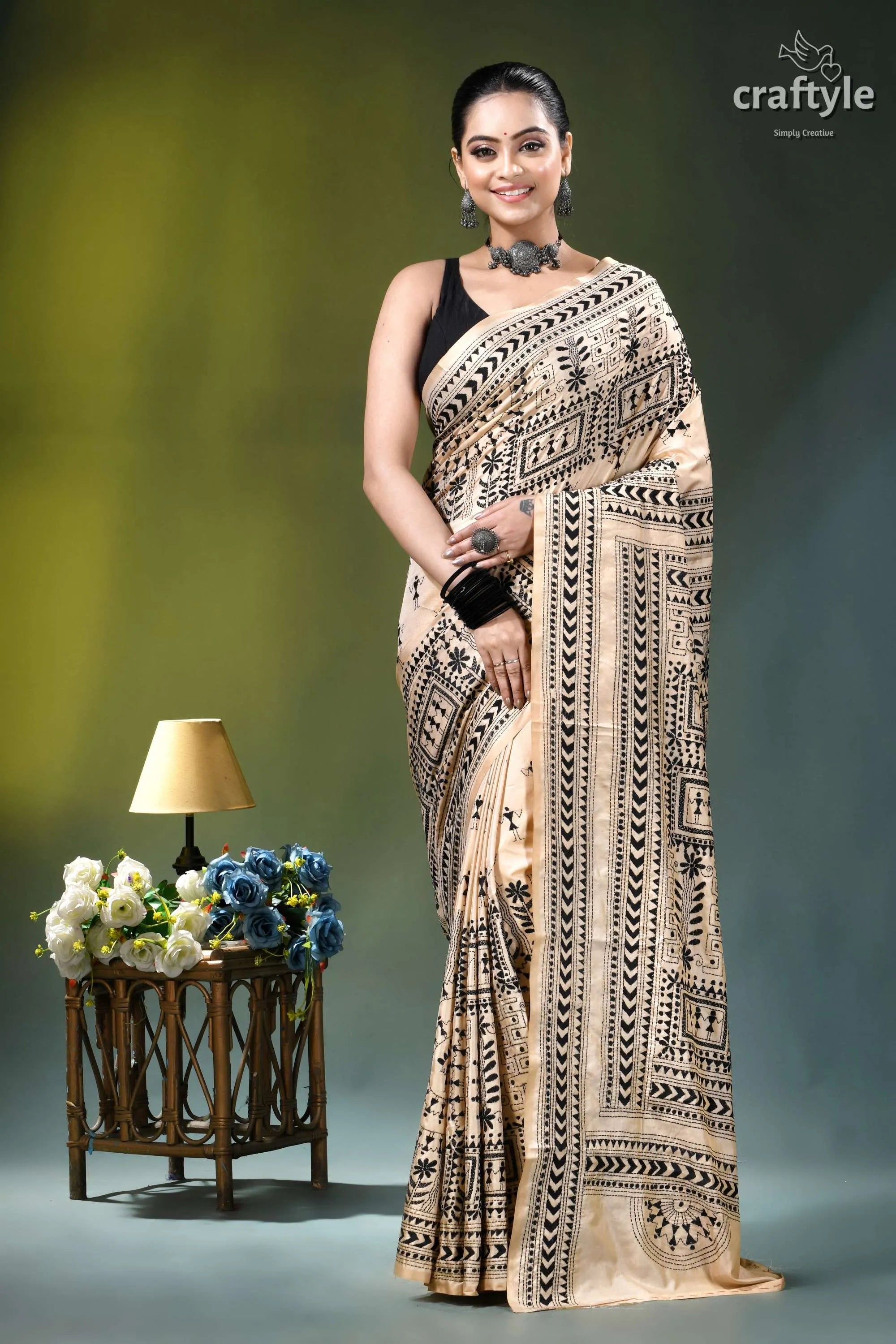 Black thread warli design silk kantha stitch saree in desert sand beige black patterned saree intricate 6