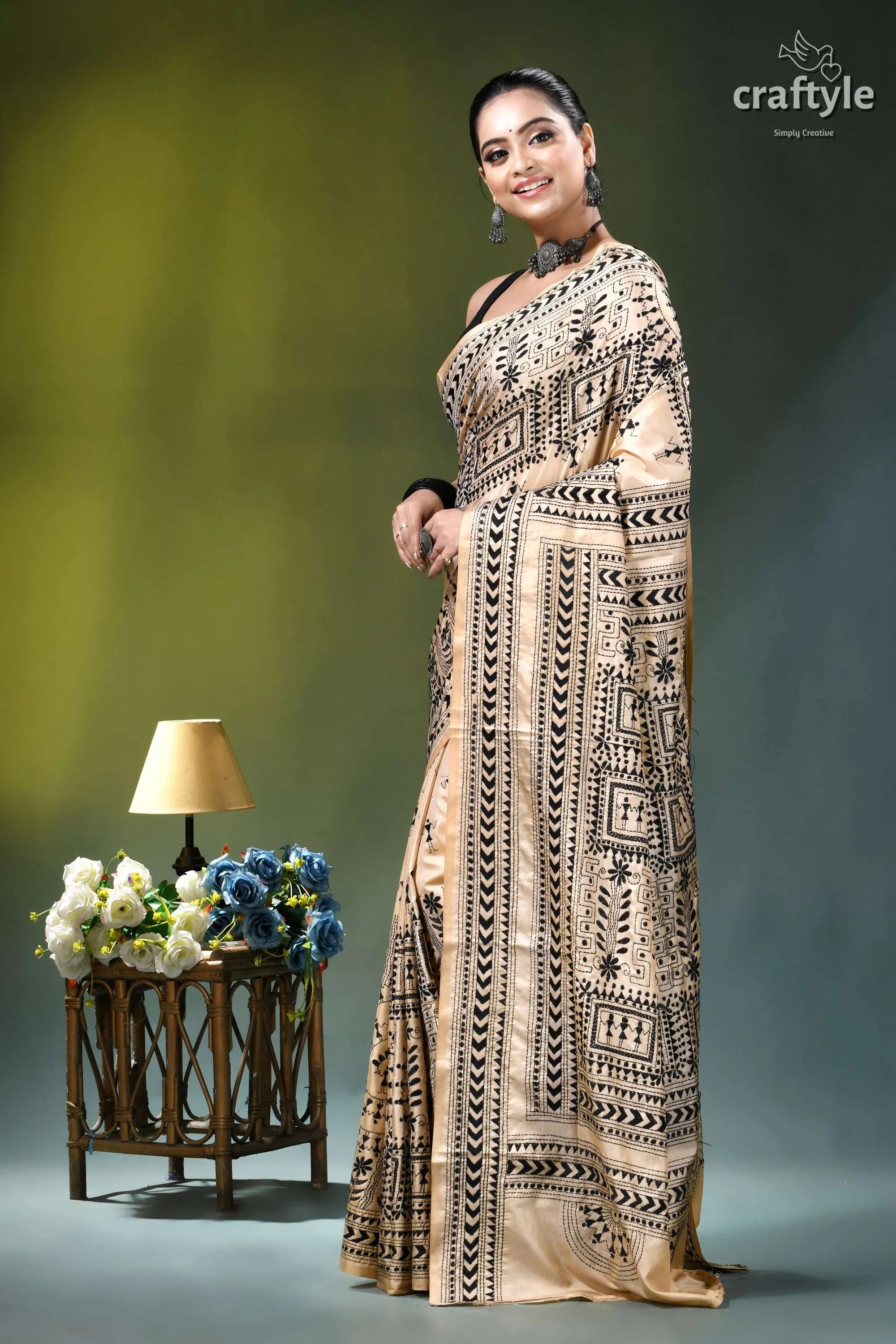 Black thread warli design silk kantha stitch saree in desert sand beige black patterned saree intricate 3
