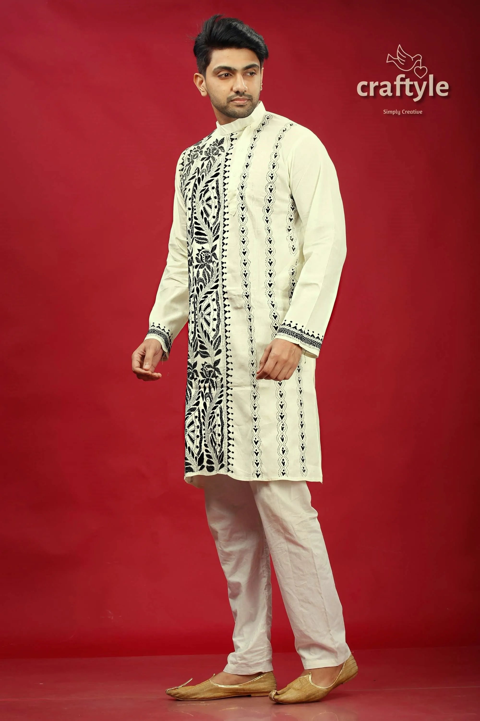 Black thread work cream-white kantha cotton panjabi for men embroidered men’s kurta pajama set 3