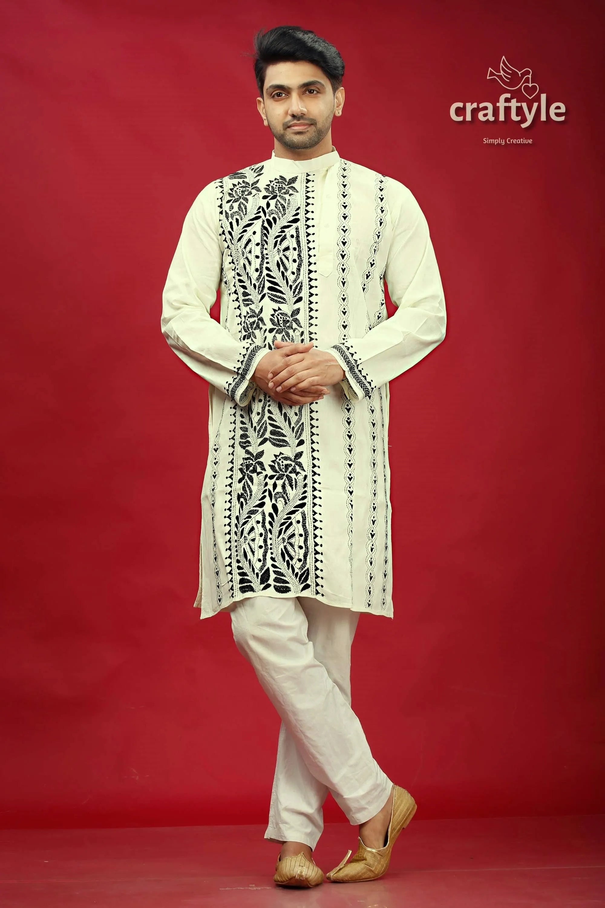 Black thread work cream-white kantha cotton panjabi for men man embroidered kurta pajama 1