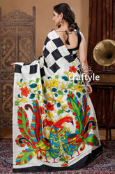 Black & white check design exquisite pure silk kalamkari sari white saree black checkered pattern 4