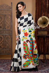 Black & white check design exquisite pure silk kalamkari sari woman black white checkered saree 3