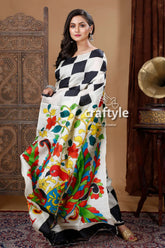 Black & white check design exquisite pure silk kalamkari sari woman black white patterned saree 5