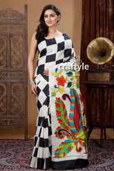 Black & white check design exquisite pure silk kalamkari sari woman black white checkered saree 1