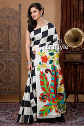 Black & White Check Design Exquisite Pure Silk Kalamkari Sari - Craftyle