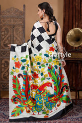 Black & White Check Design Exquisite Pure Silk Kalamkari Sari - Craftyle
