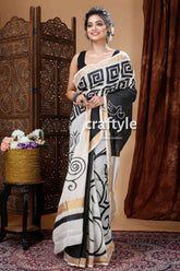 Black & White Ethnic Hand Painted Kerala Cotton Saree-Craftyle