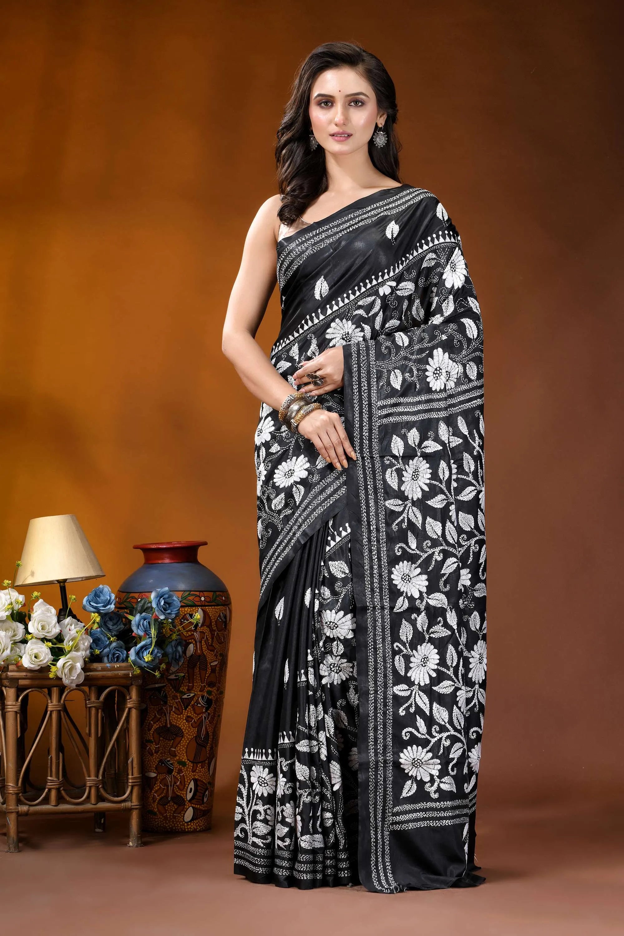 Black white floral motif handmade silk kantha stitch saree black sari intricate white floral 1