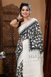 Black & white hand block mulberry pure silk saree white saree black paisley pattern 3