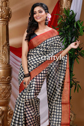 Black & white hand block printed zari pure tussar saree black white polka dot saree 2