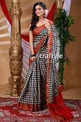 Black & white hand block printed zari pure tussar saree black white polka dot saree 1