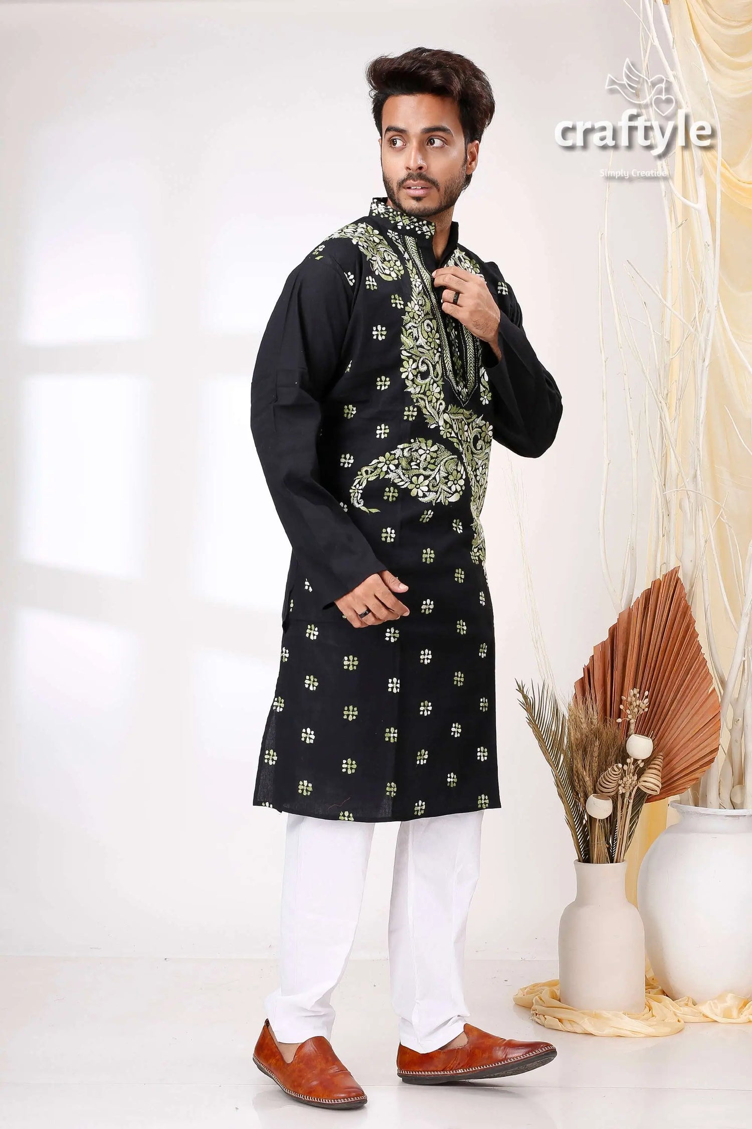 Black with moss green kantha hand embroidery gents kurta black embroidered kurta white pants 4