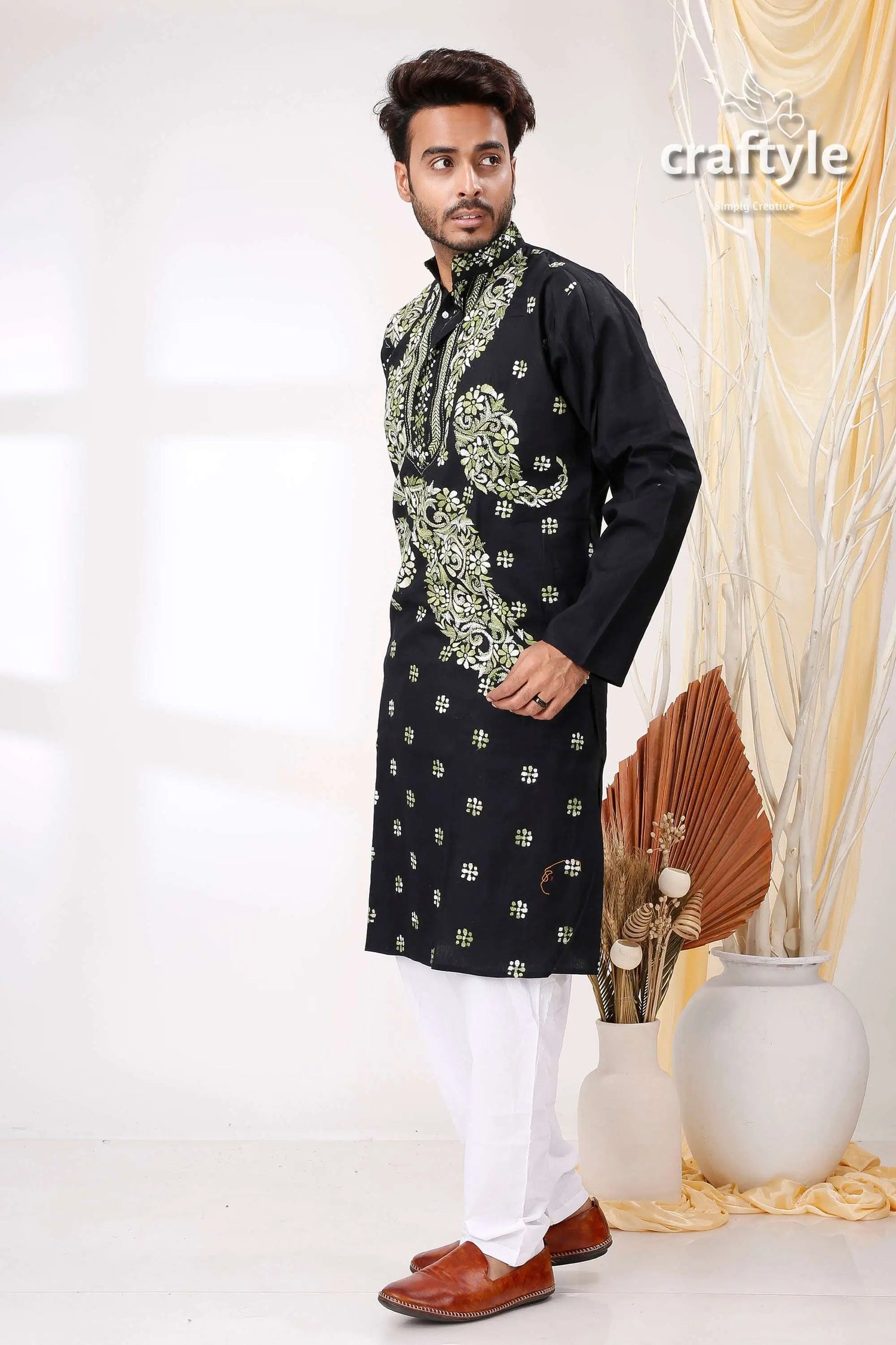 Black with moss green kantha hand embroidery gents kurta black embroidered kurta white pants 3