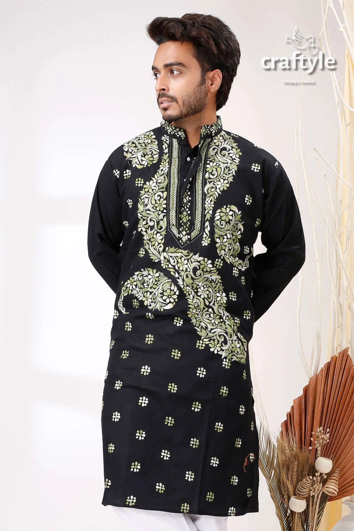 Black with moss green kantha hand embroidery gents kurta black embroidered kurta 2