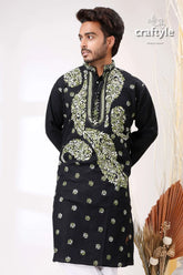 Black with moss green kantha hand embroidery gents kurta black embroidered kurta 2