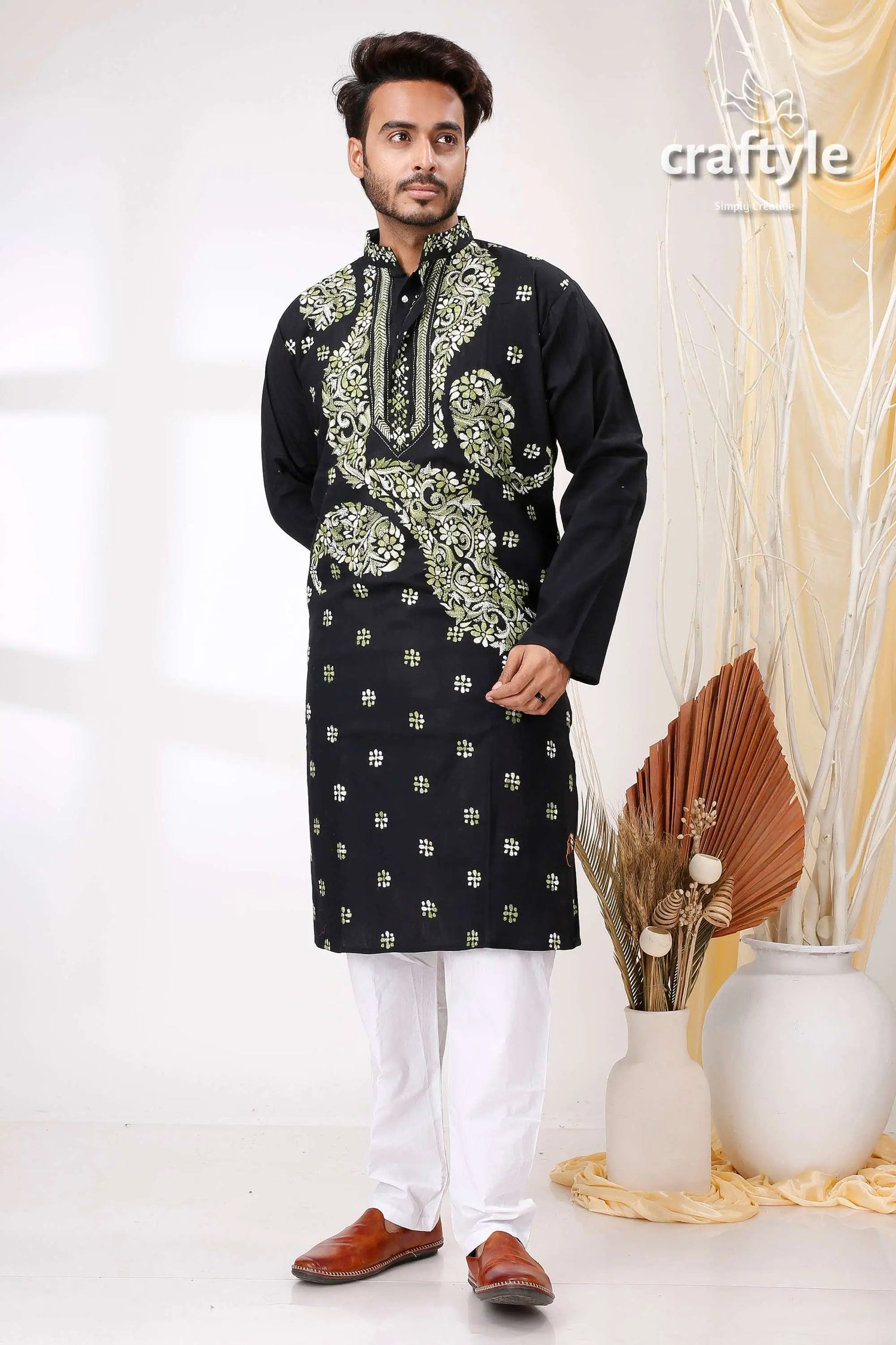 Black with moss green kantha hand embroidery gents kurta embroidered black kurta pajama set 1