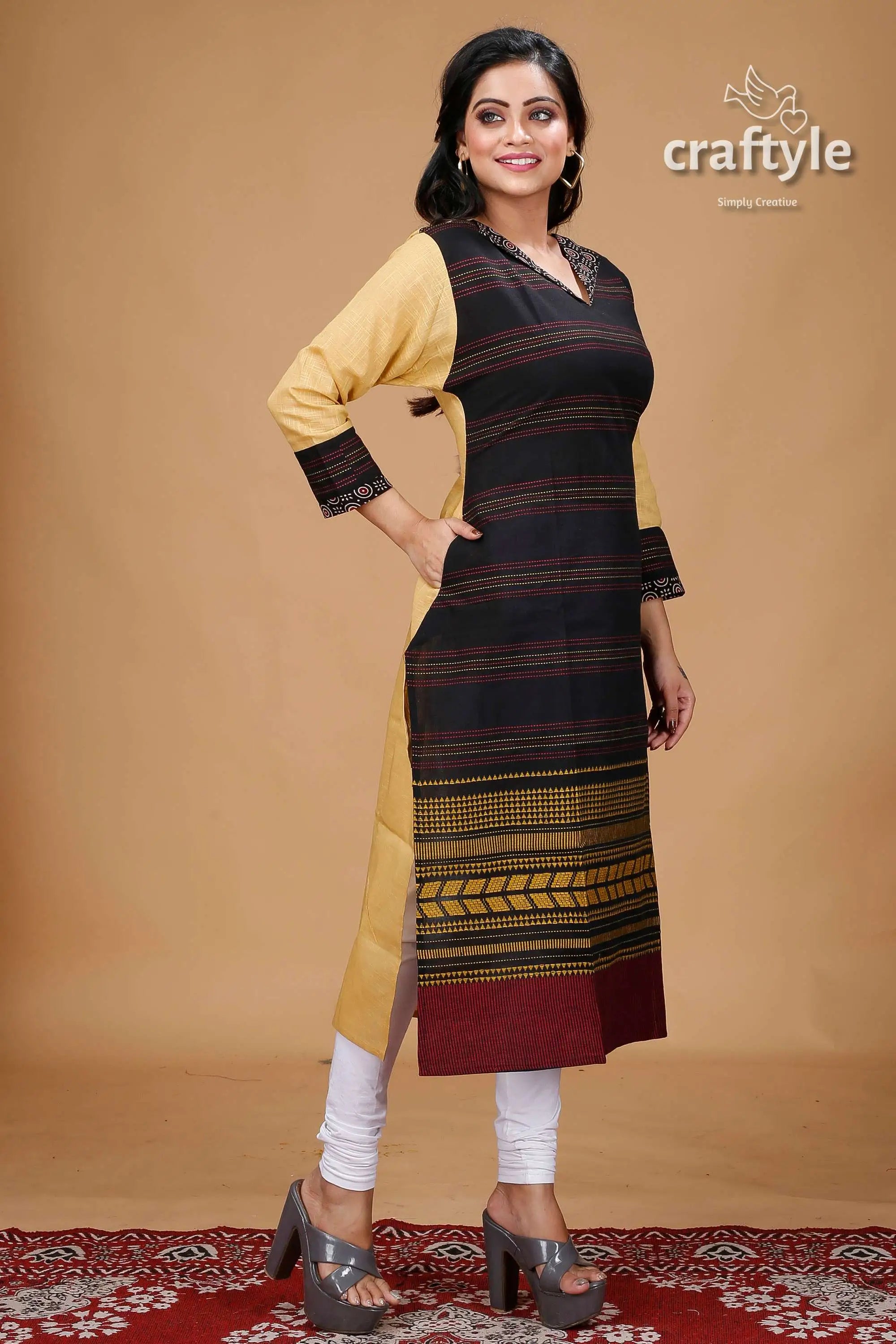 Black with multicolor cotton weaved kurti for women woman’s patterned kurta 3