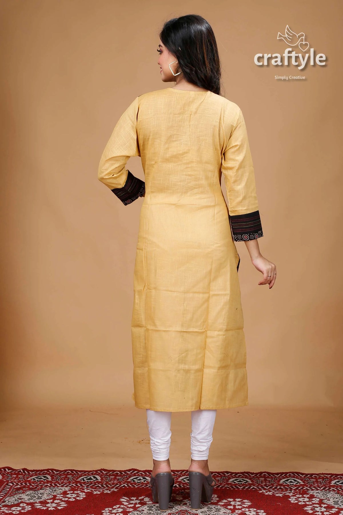 Black with multicolor cotton weaved kurti for women woman’s yellow kurta cuffs 5