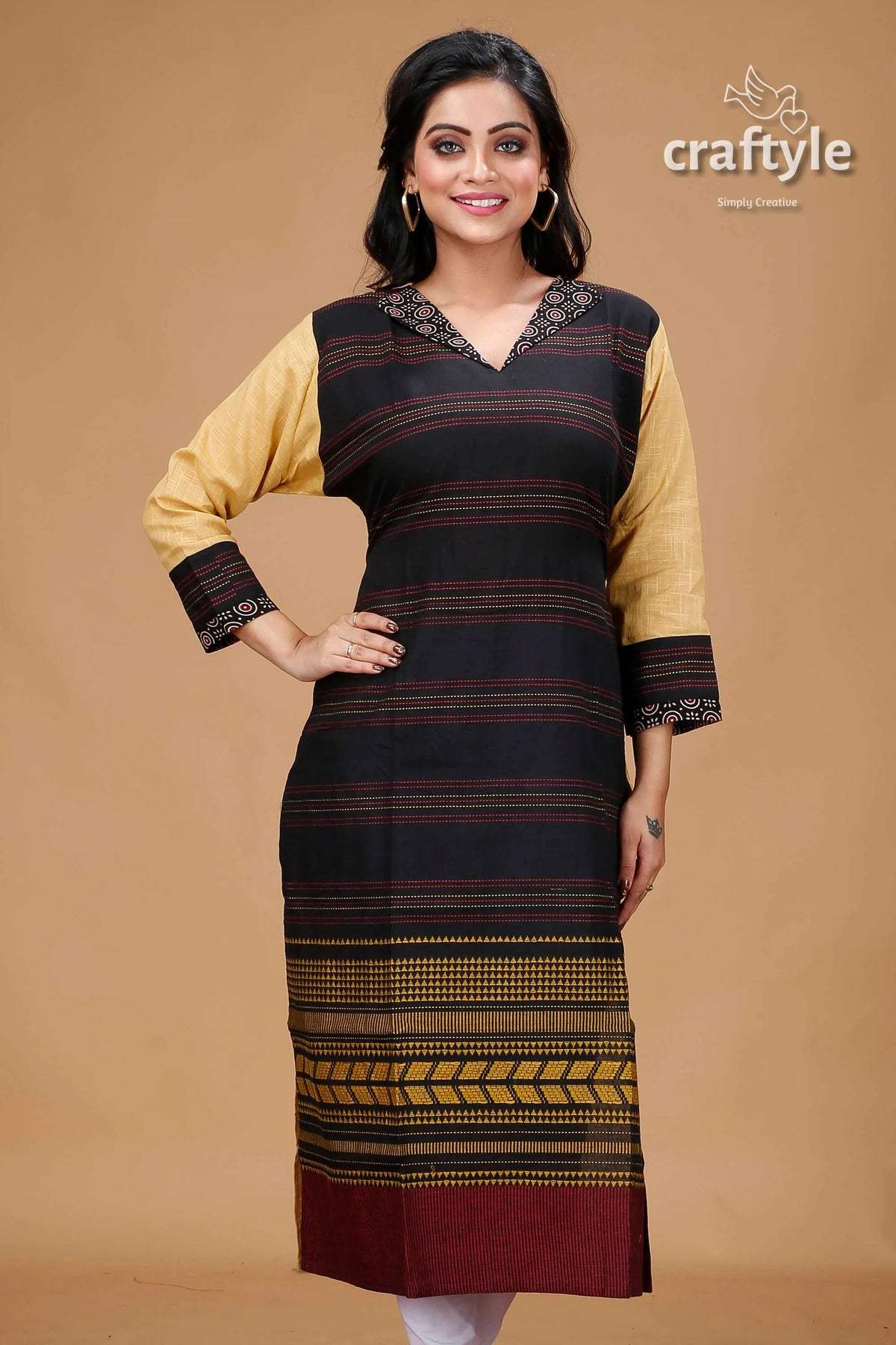 Black with multicolor cotton weaved kurti for women woman’s patterned kurta 2