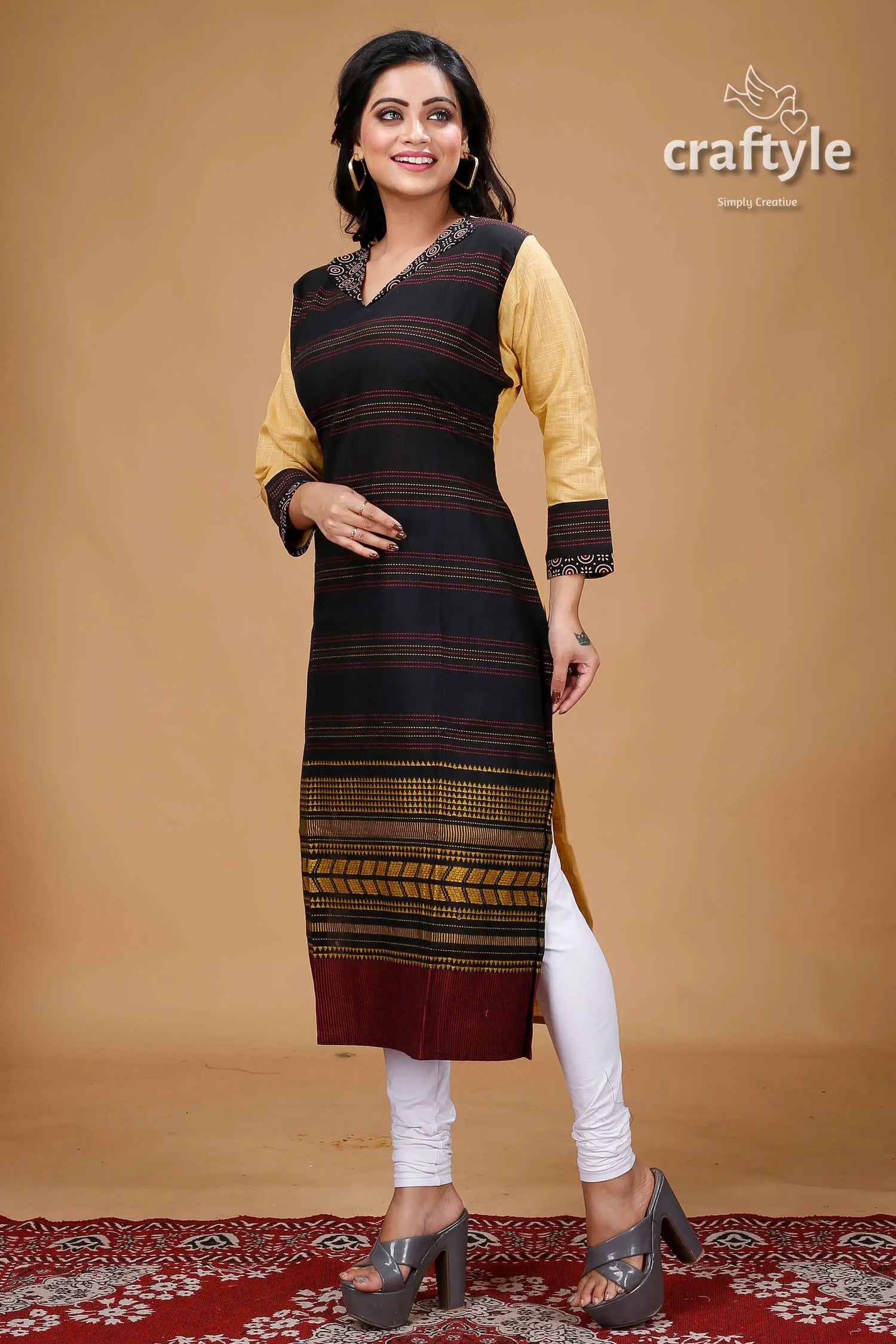 Black with multicolor cotton weaved kurti for women woman’s patterned kurta leggings 4