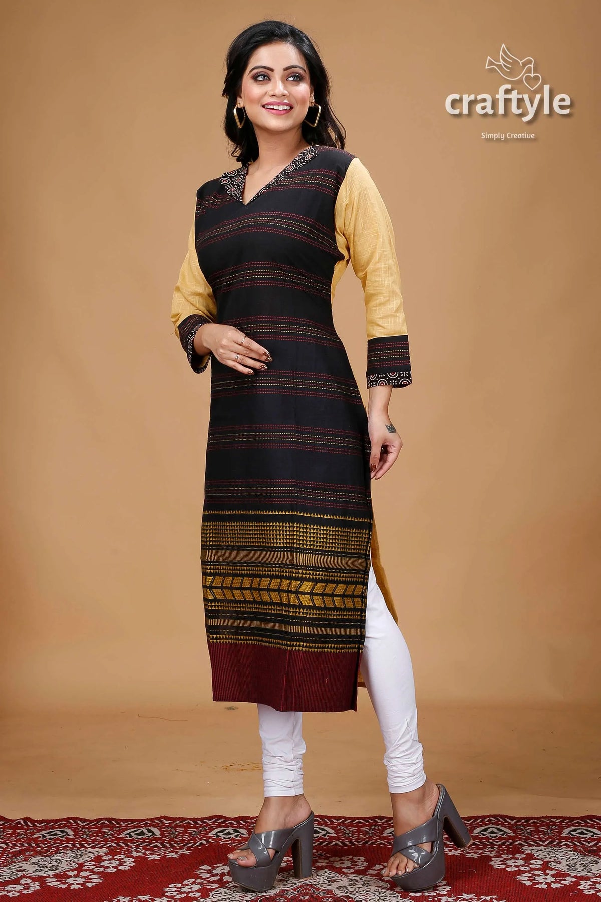 Black with multicolor cotton weaved kurti for women woman’s patterned kurta leggings 4