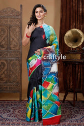 Black with multicolor hand painted pure mulberry silk sari woman colorful saree 1
