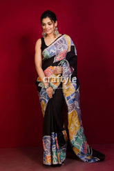 Black with multicolor radha krishna painted hand batik pure mulberry silk saree woman black saree colorful batik 1