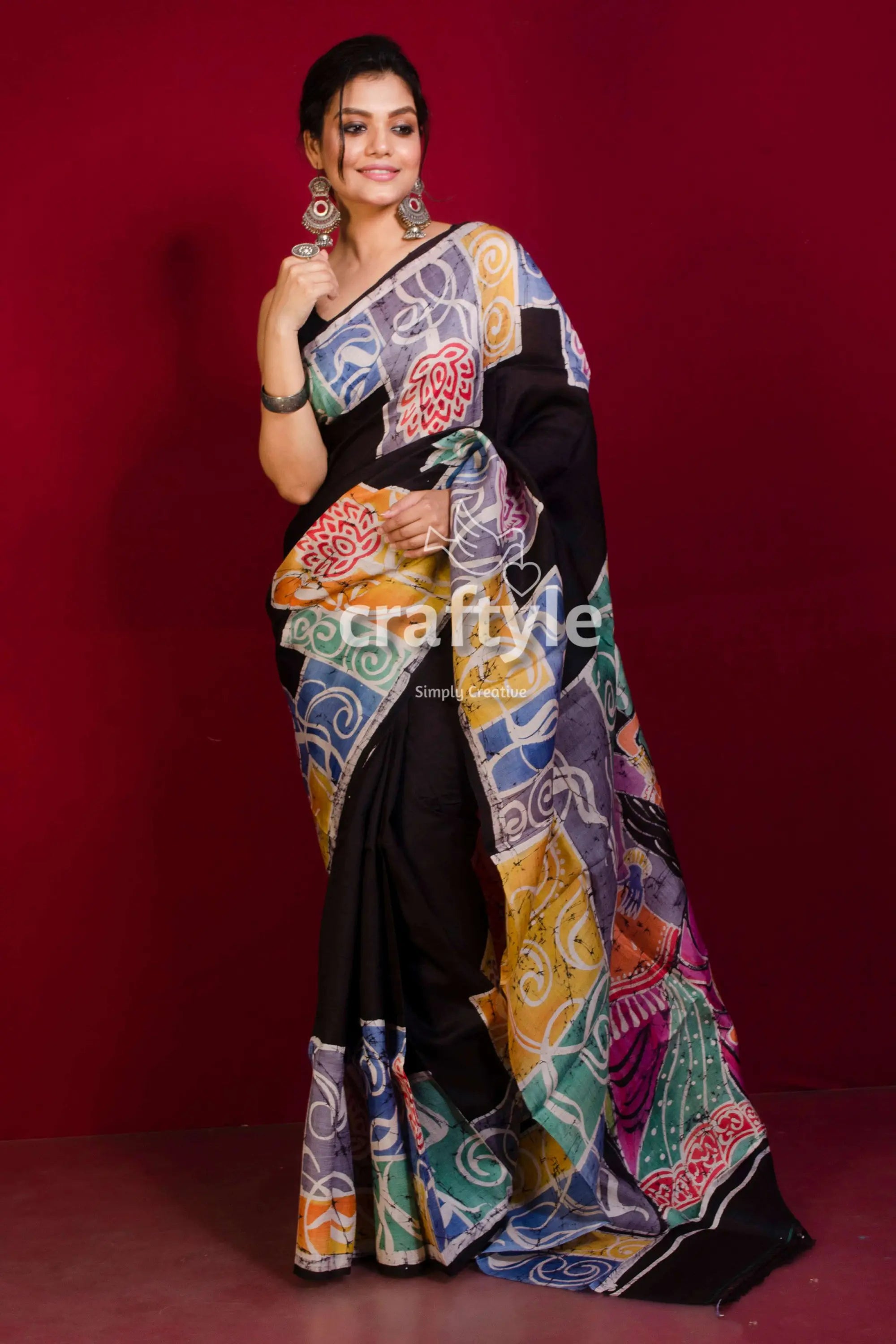 Black with multicolor radha krishna painted hand batik pure mulberry silk saree black saree colorful batik print 2
