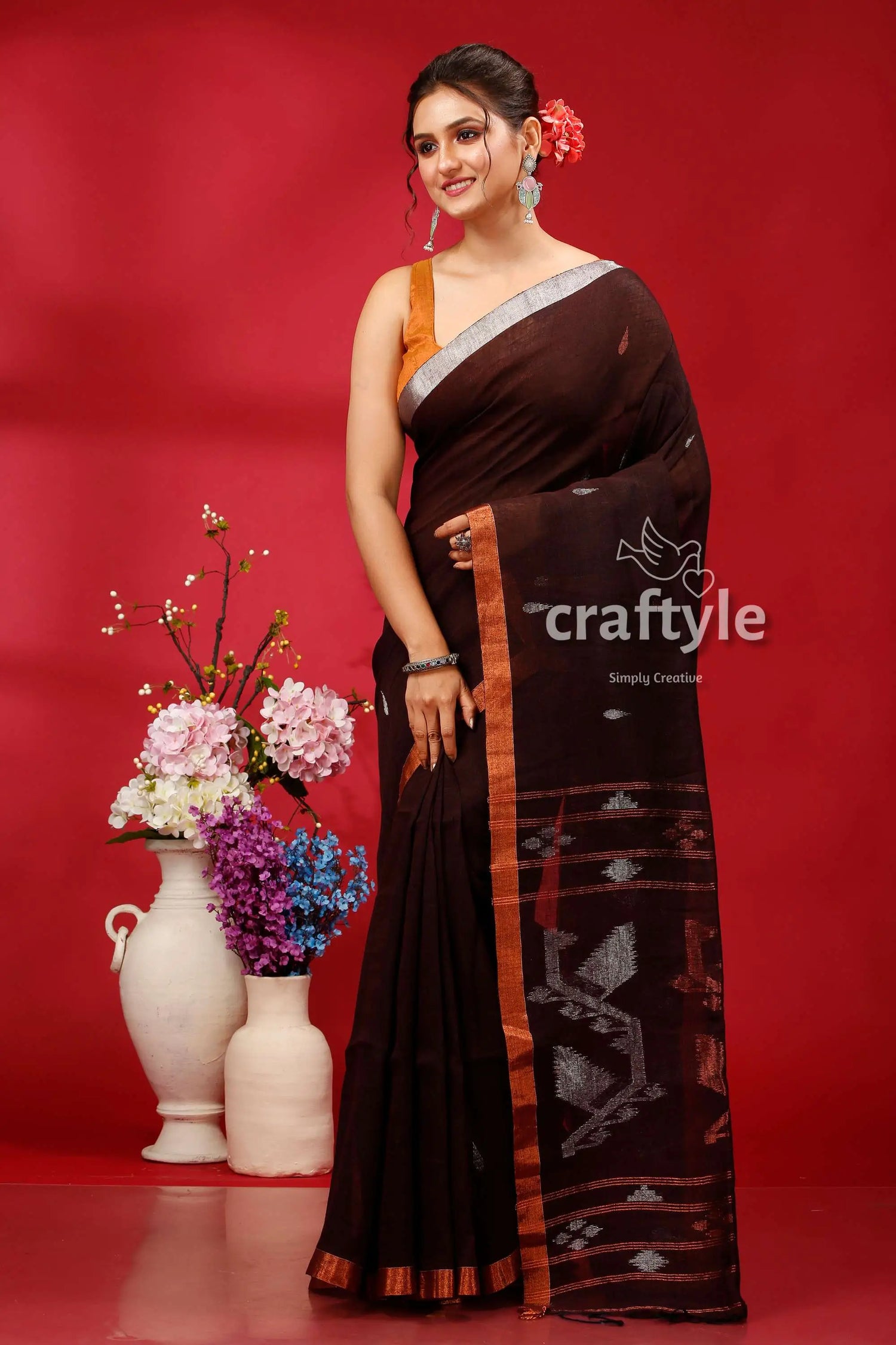 Blackcurrent copper zari work linen jamdani saree brown saree silver border 3