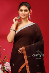 Blackcurrent copper zari work linen jamdani saree brown saree silver border 2