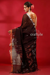 Blackcurrent copper zari work linen jamdani saree dark brown saree silver border 4