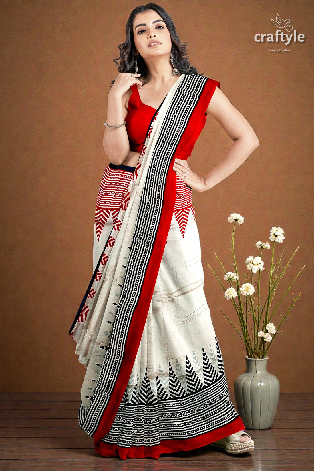 Crimson Red White Hand Block Printed Mulberry Pure Silk Saree