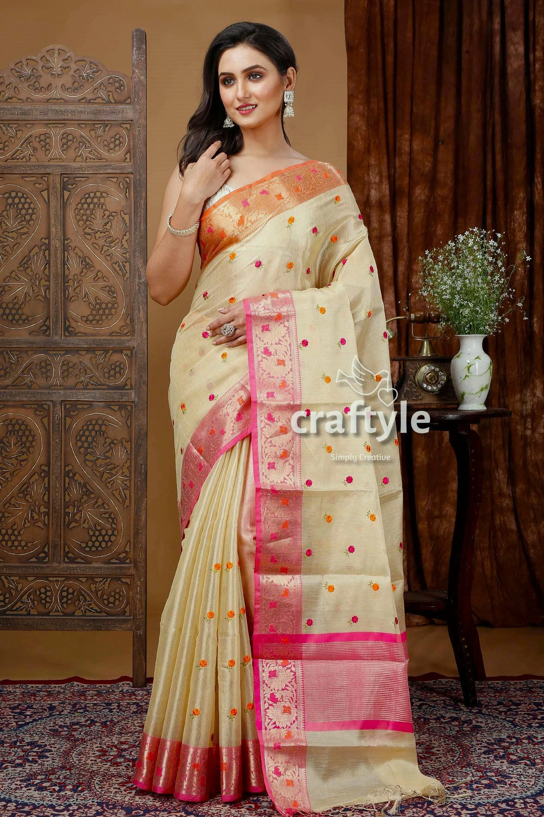 Blonde yellow tissue organza soft silk saree woman cream-colored pink orange 1