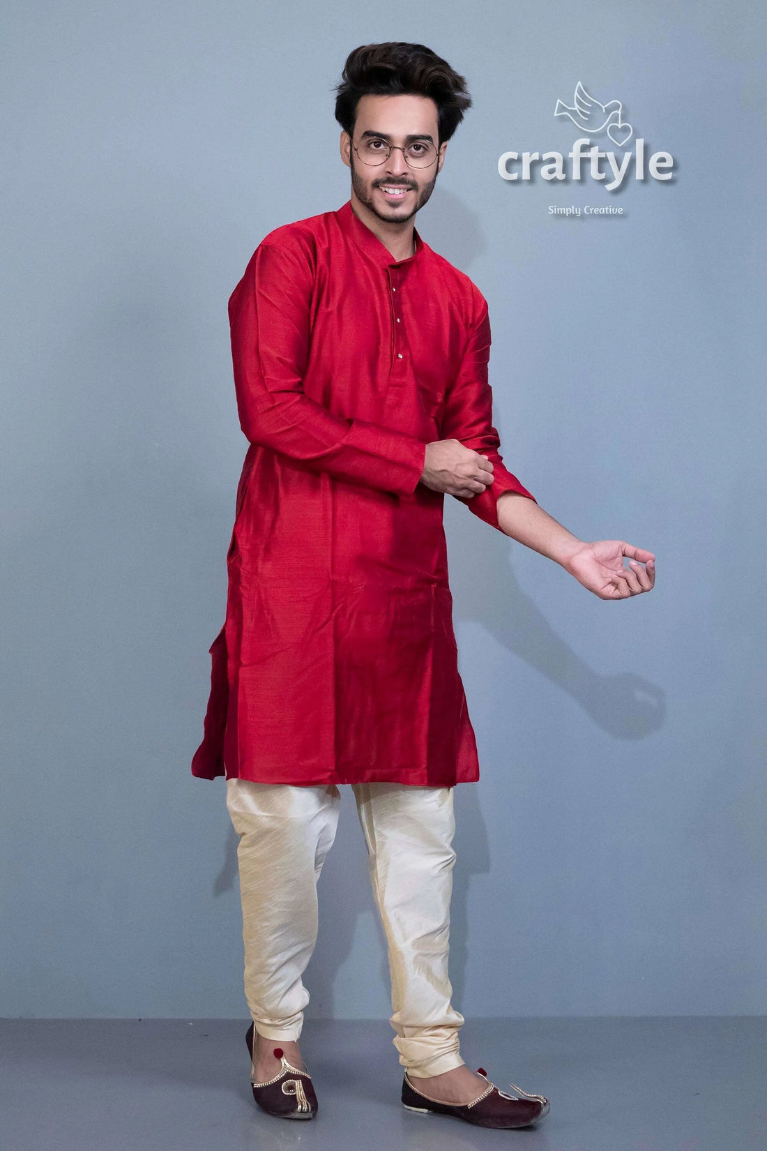 Blood red solid mens kurta with weave work man cream pants 2