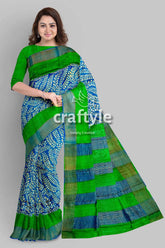 Blue and green hand block print pure tussar saree with zari border blue green patterned saree 1