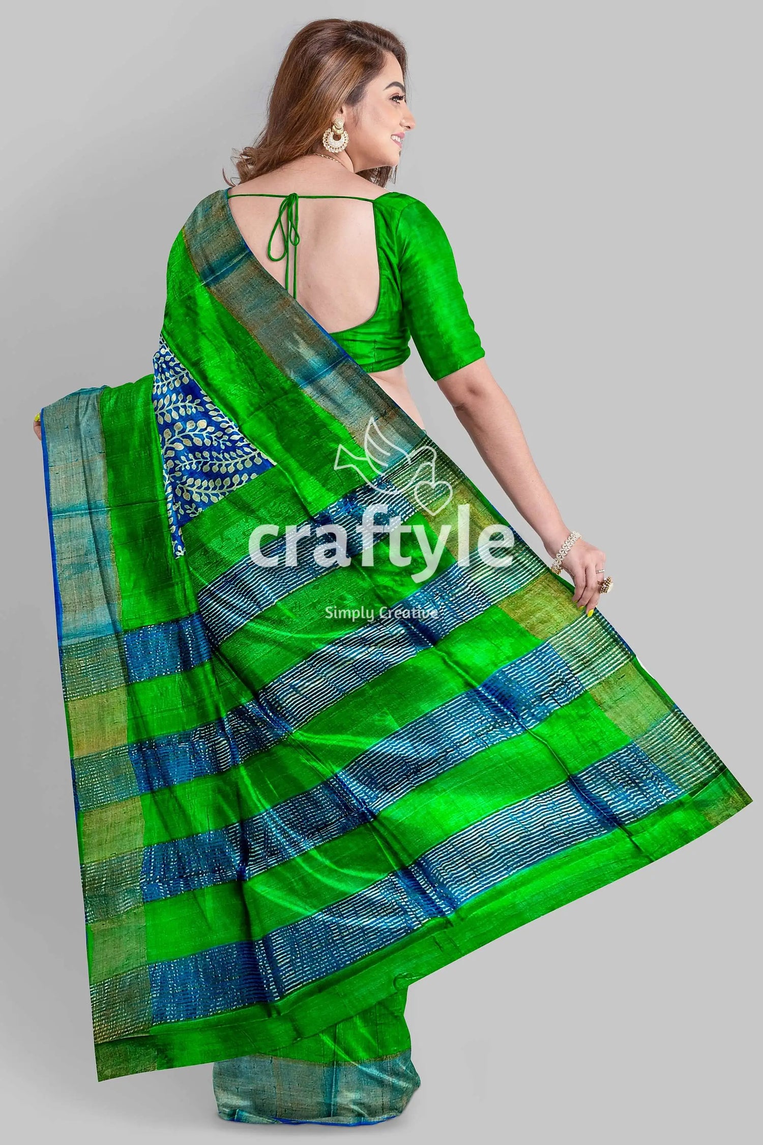 Blue and green hand block print pure tussar saree with zari border green blue patterned saree 6