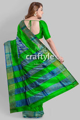 Blue and green hand block print pure tussar saree with zari border green blue patterned saree 6