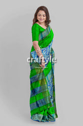 Blue and green hand block print pure tussar saree with zari border green blue patterned saree 4