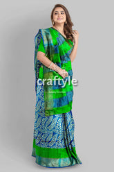 Blue and green hand block print pure tussar saree with zari border woman green blue saree 2