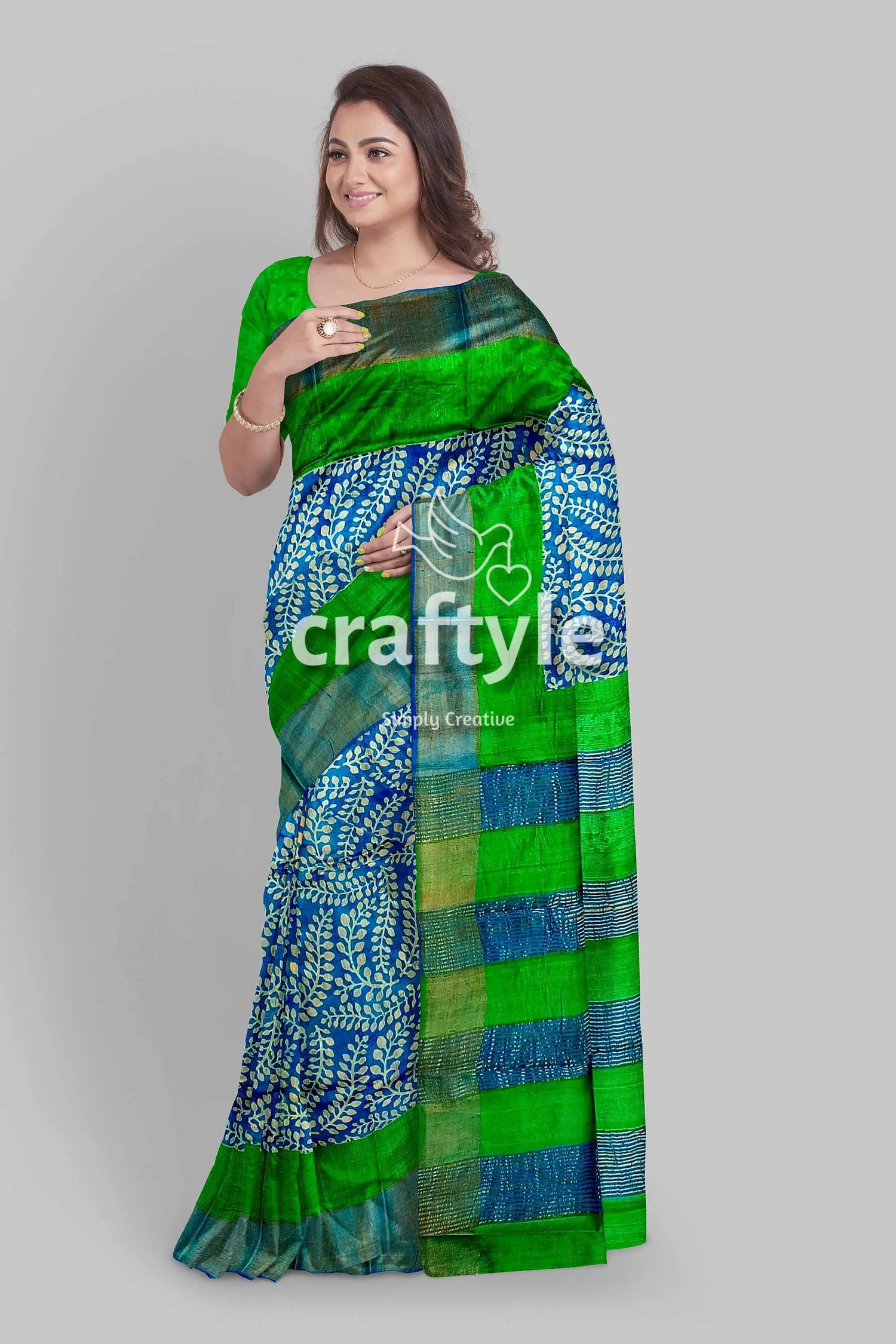 Blue and green hand block print pure tussar saree with zari border woman blue green saree 5
