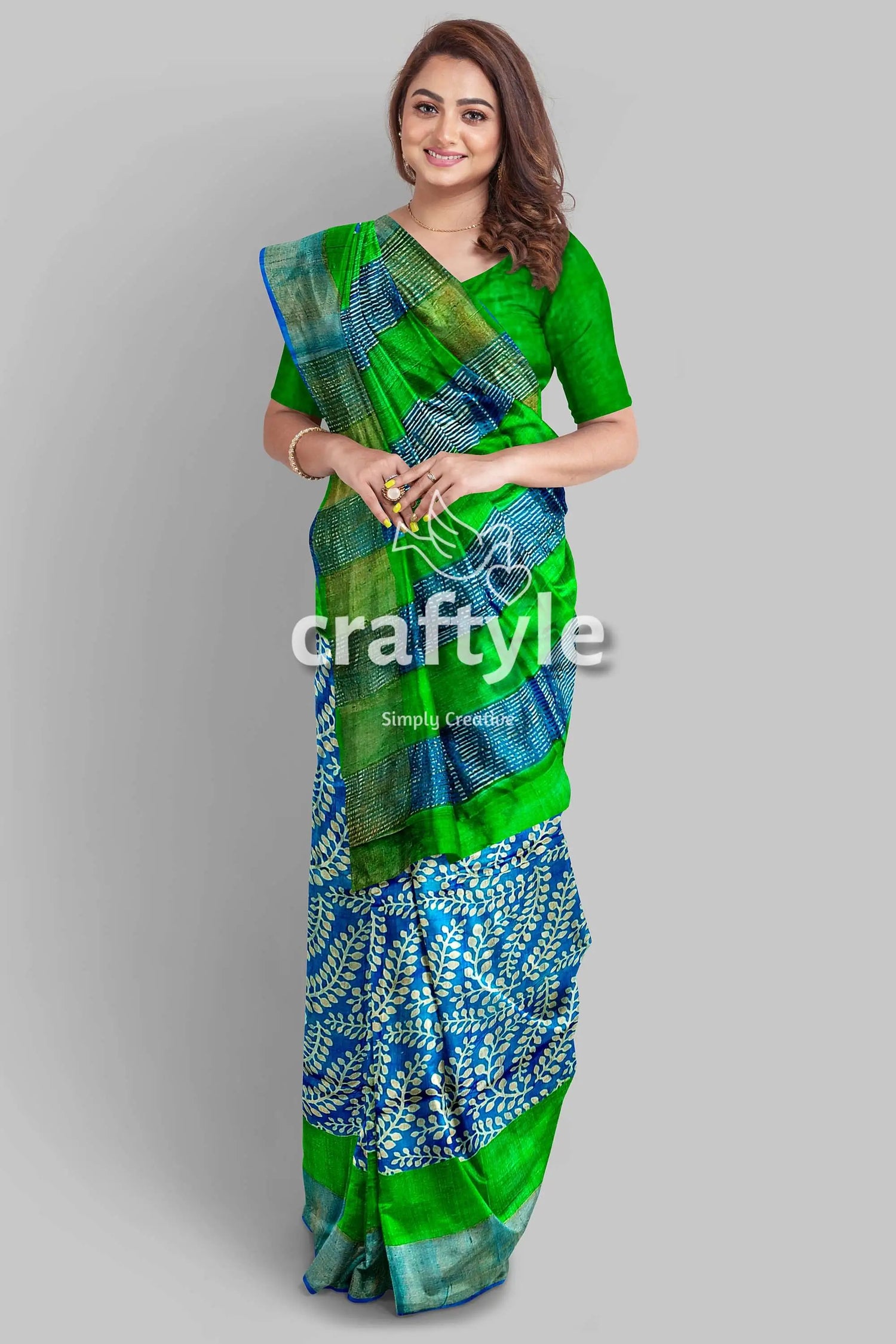 Blue and green hand block print pure tussar saree with zari border green blue patterned saree 3