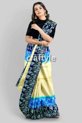 Blue cream mulberry pure silk saree with hand block print - exquisite indian woman blue cream saree 2