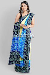 Blue cream mulberry pure silk saree with hand block print - exquisite indian woman patterned saree 1