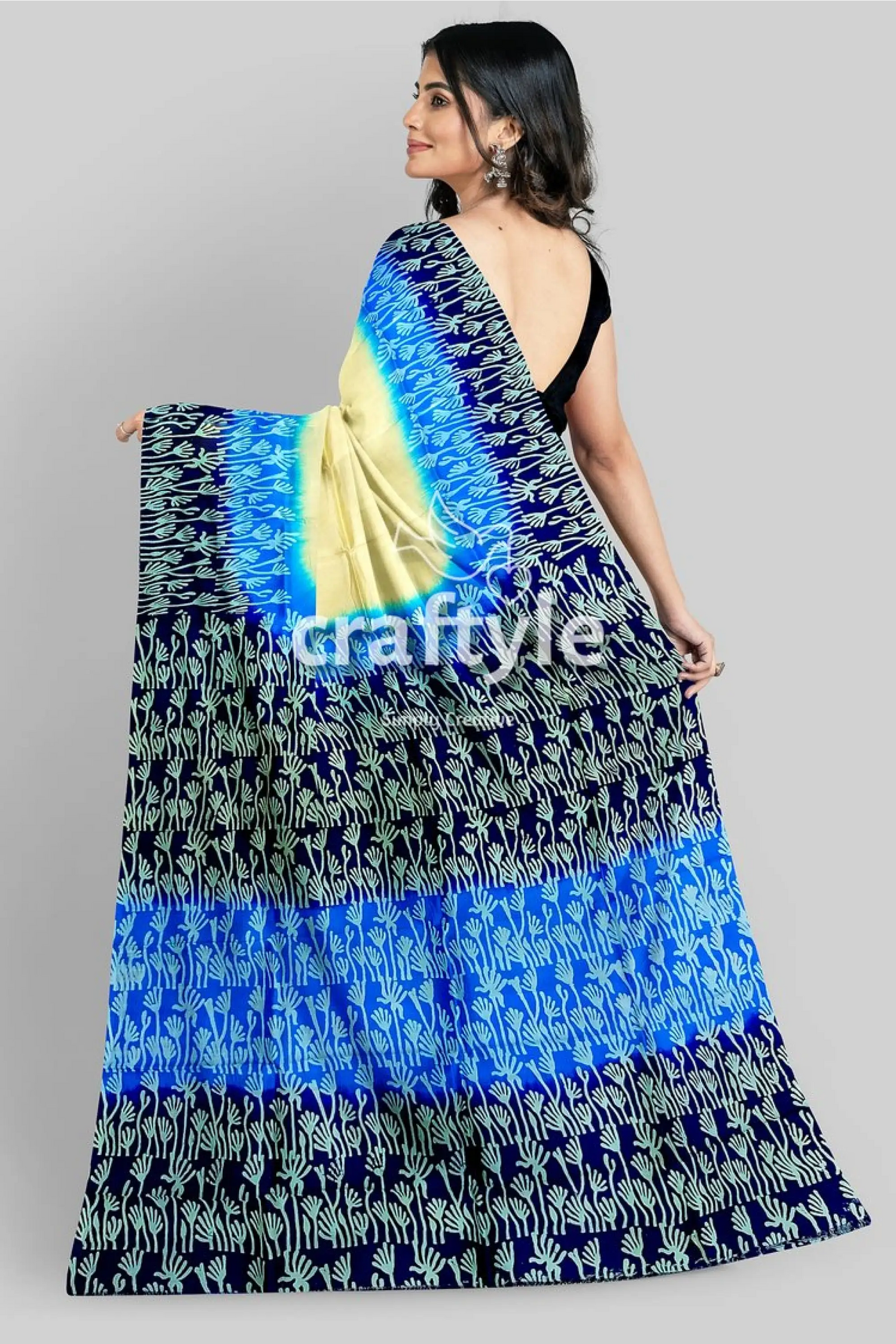 Blue cream mulberry pure silk saree with hand block print - exquisite indian blue yellow patterned saree 5