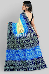 Blue cream mulberry pure silk saree with hand block print - exquisite indian blue yellow patterned saree 5