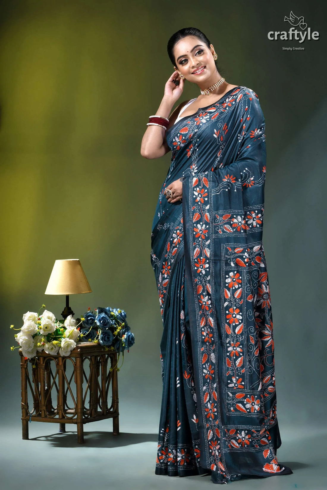 Blue dianne floral motif hand embroidered silk kantha saree dark teal silk saree adorned 1