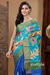 Blue hand painted zari tussar silk saree with floral motif - pure elegance blue floral saree 2