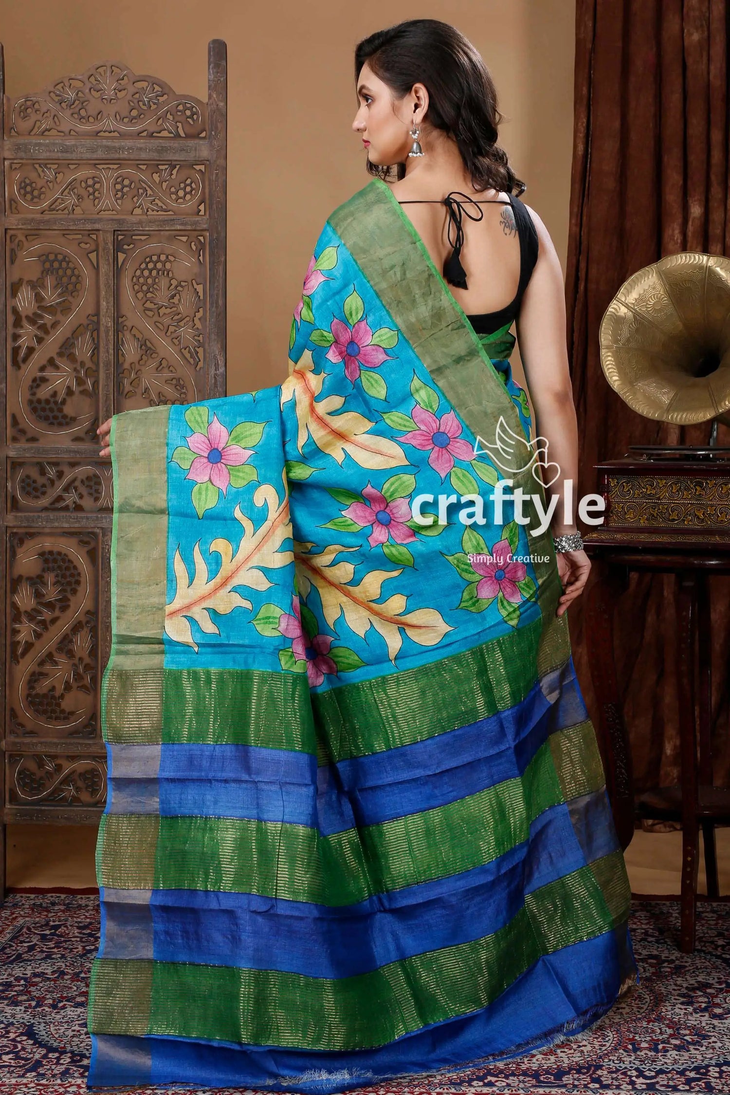 Blue hand painted zari tussar silk saree with floral motif - pure elegance blue green floral saree 4
