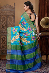 Blue hand painted zari tussar silk saree with floral motif - pure elegance blue green floral saree 4