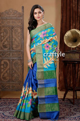 Blue hand painted zari tussar silk saree with floral motif - pure elegance blue floral saree 5